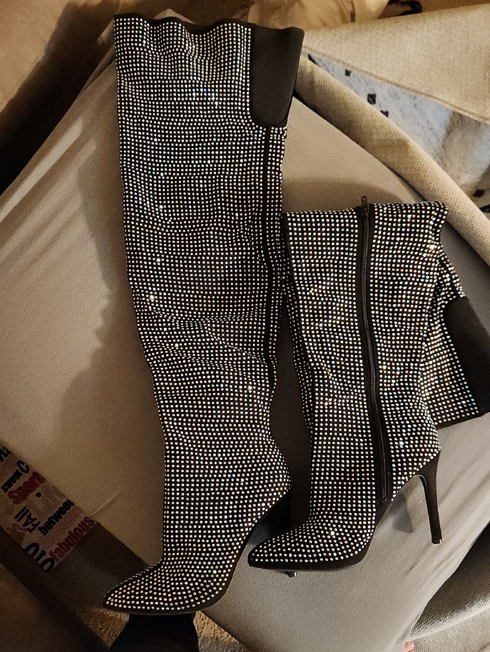 Anne Michelle Black Rhinestone Over-the-Knee Stiletto Boots